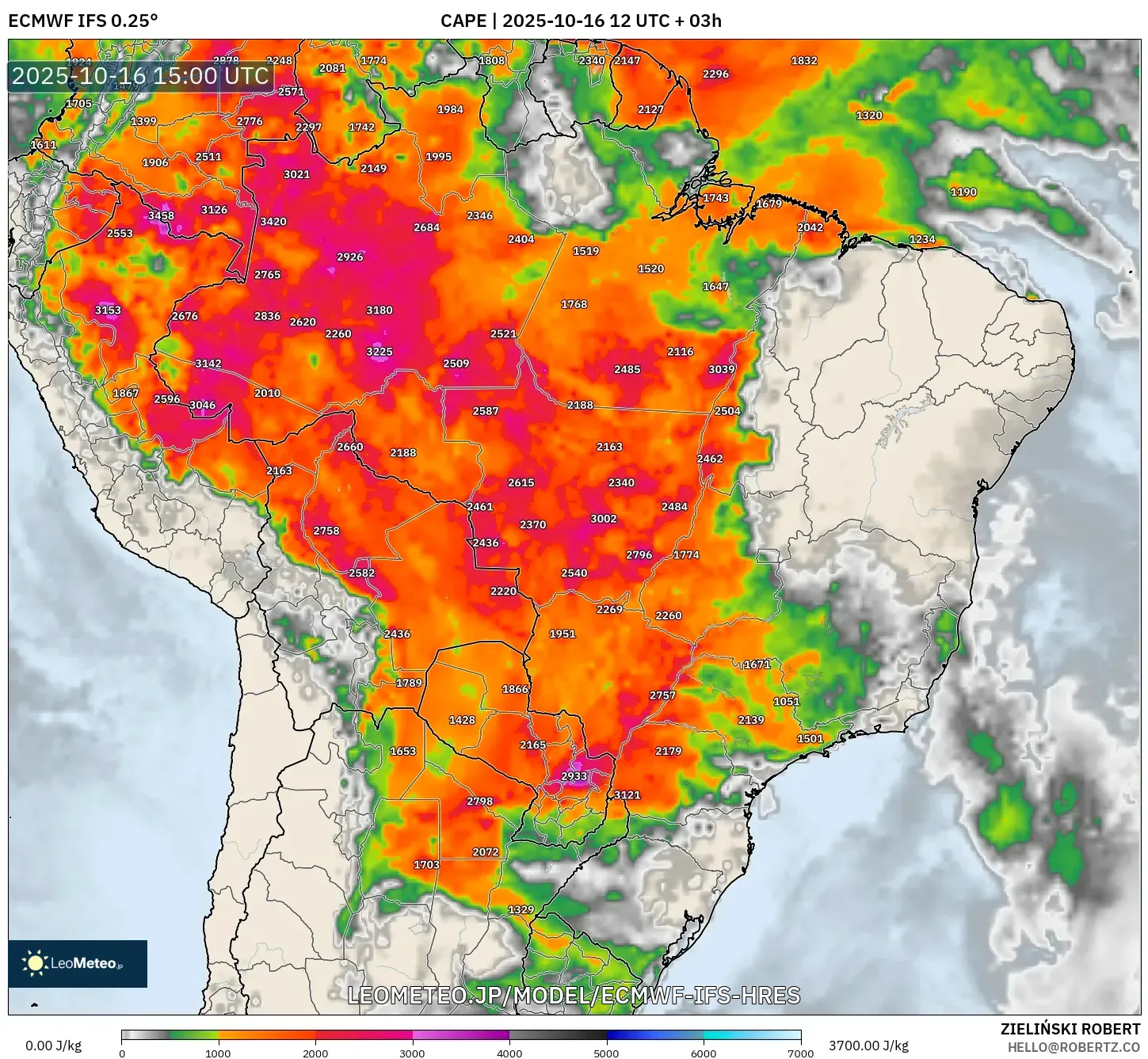 ECMWF IFS 0.25° model - ブラジル, CAPE ECMWF IFS 0.25° model - ブラジル, CAPE