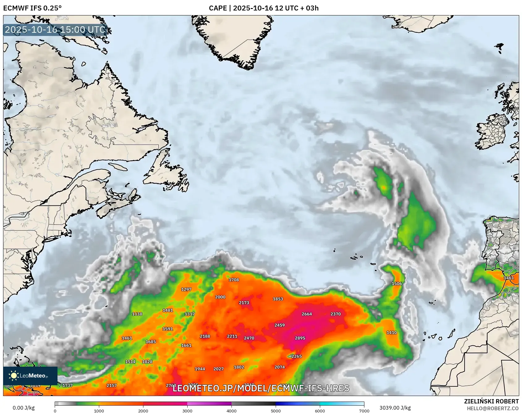 ECMWF IFS 0.25° model - 北大西洋, CAPE ECMWF IFS 0.25° model - 北大西洋, CAPE