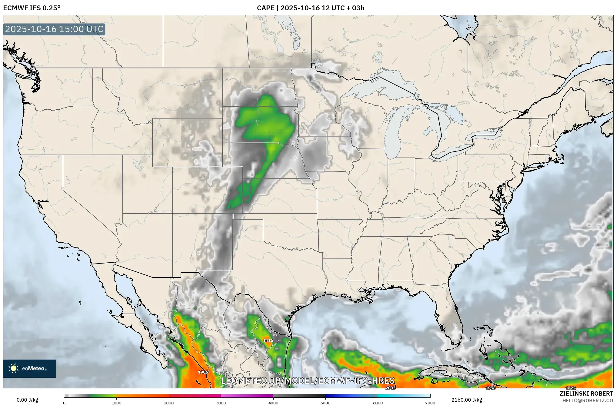 ECMWF IFS 0.25° model - アメリカ合衆国, CAPE ECMWF IFS 0.25° model - アメリカ合衆国, CAPE