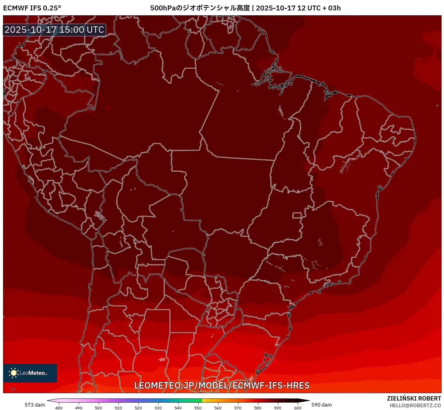 ECMWF IFS 0.25° model - ブラジル, 500hPaのジオポテンシャル高度 ECMWF IFS 0.25° model - ブラジル, 500hPaのジオポテンシャル高度