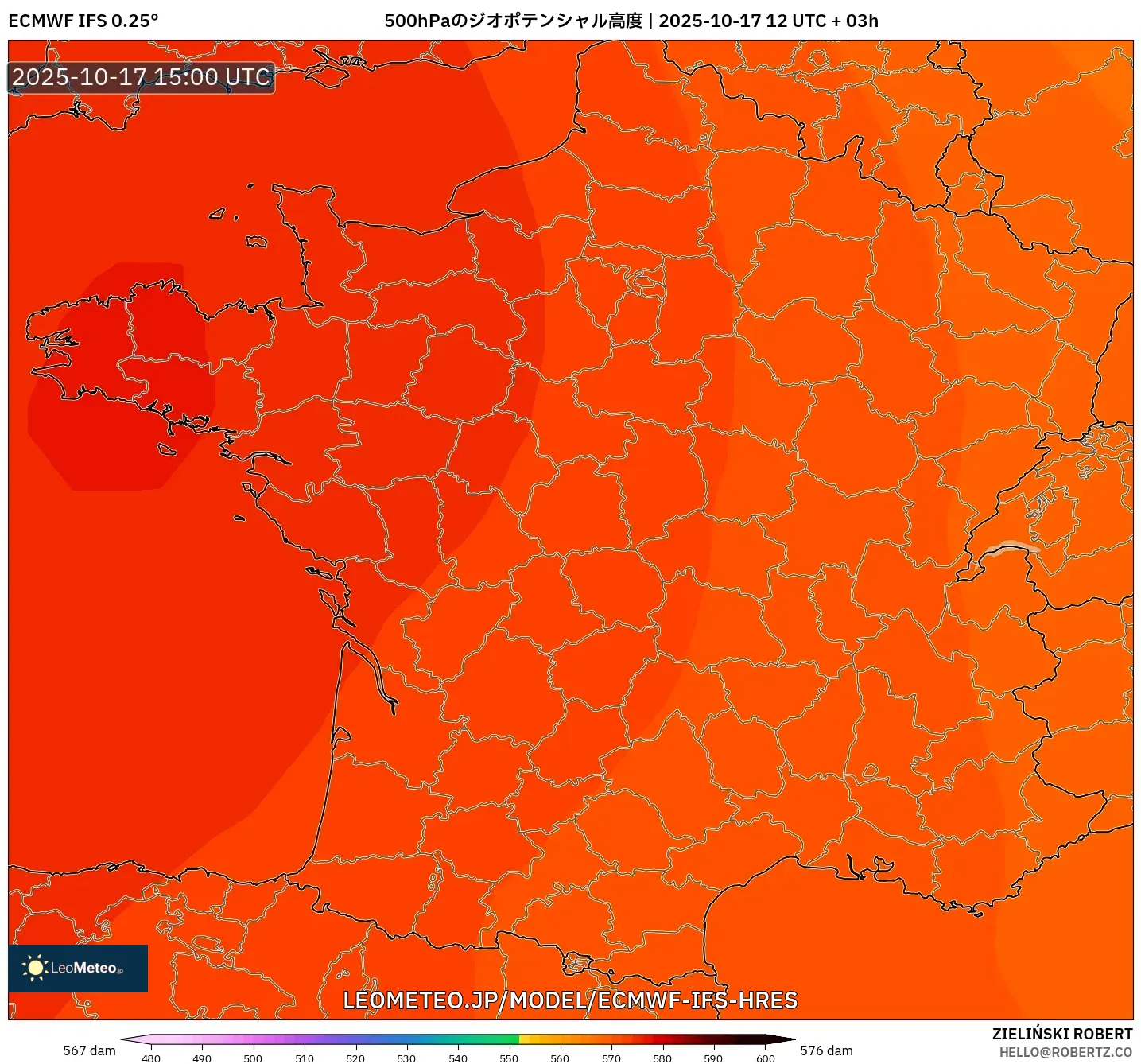 ECMWF IFS 0.25° model - フランス, 500hPaのジオポテンシャル高度 ECMWF IFS 0.25° model - フランス, 500hPaのジオポテンシャル高度