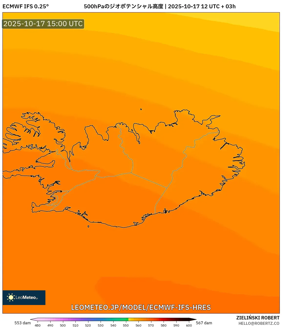 ECMWF IFS 0.25° model - アイスランド, 500hPaのジオポテンシャル高度 ECMWF IFS 0.25° model - アイスランド, 500hPaのジオポテンシャル高度