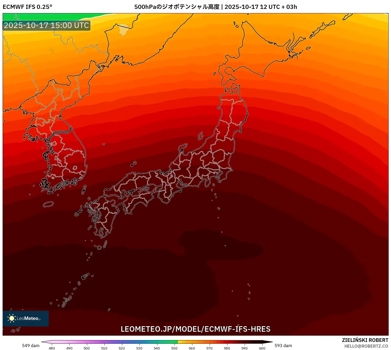 ECMWF IFS 0.25° model - 日本, 500hPaのジオポテンシャル高度 ECMWF IFS 0.25° model - 日本, 500hPaのジオポテンシャル高度