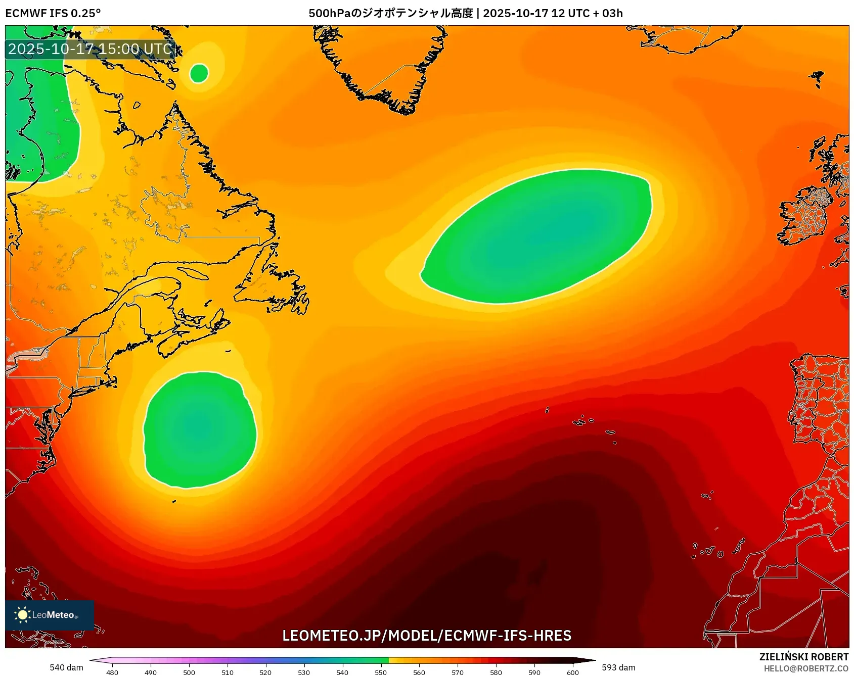 ECMWF IFS 0.25° model - 北大西洋, 500hPaのジオポテンシャル高度 ECMWF IFS 0.25° model - 北大西洋, 500hPaのジオポテンシャル高度