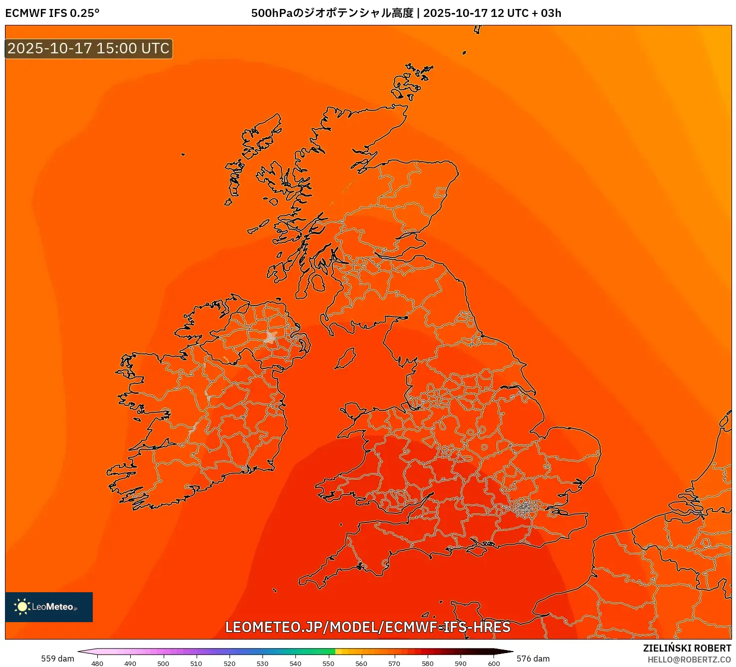 ECMWF IFS 0.25° model - イギリス, 500hPaのジオポテンシャル高度 ECMWF IFS 0.25° model - イギリス, 500hPaのジオポテンシャル高度