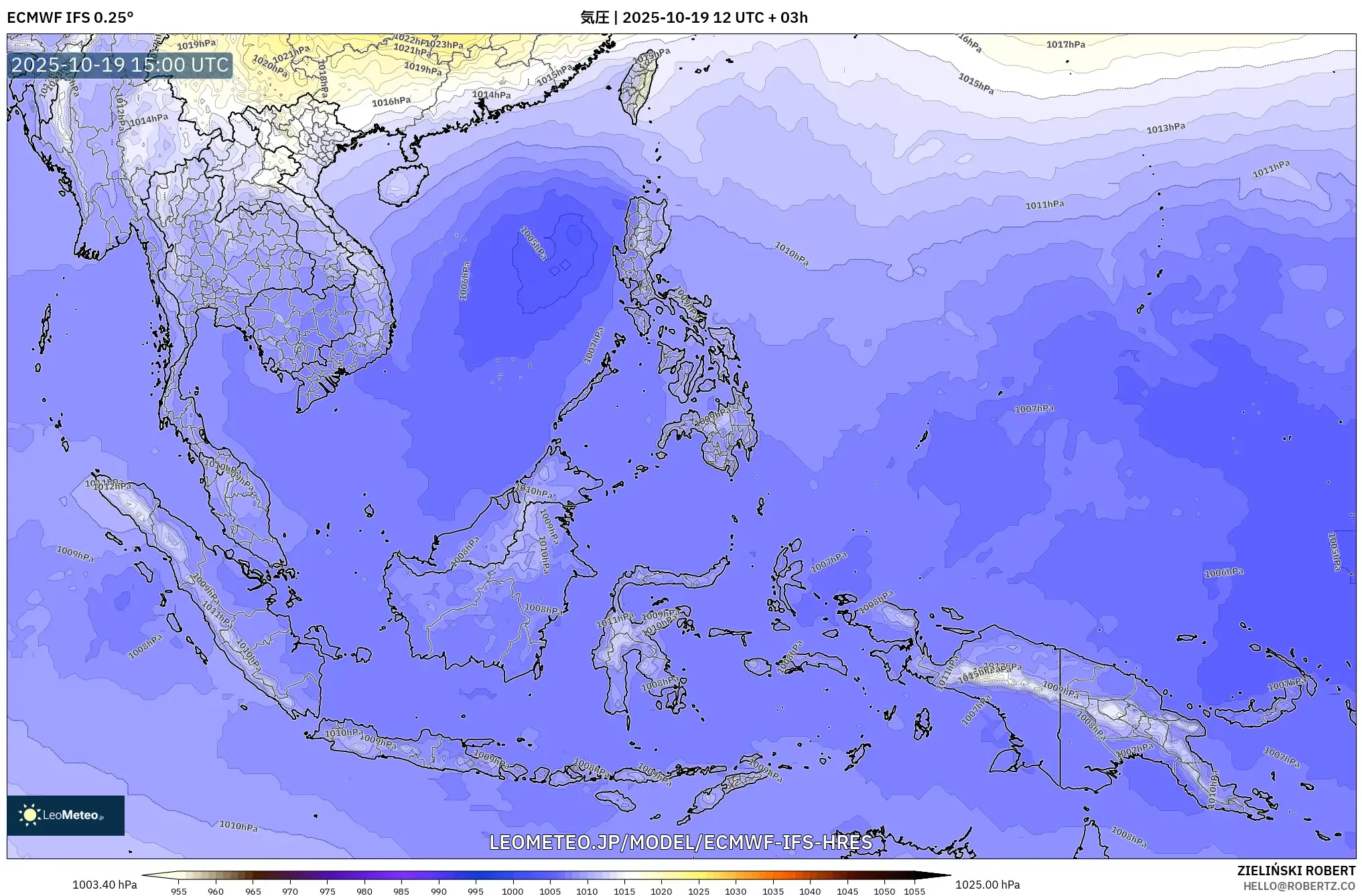 ECMWF IFS 0.25° model - 東南アジア, 気圧 ECMWF IFS 0.25° model - 東南アジア, 気圧
