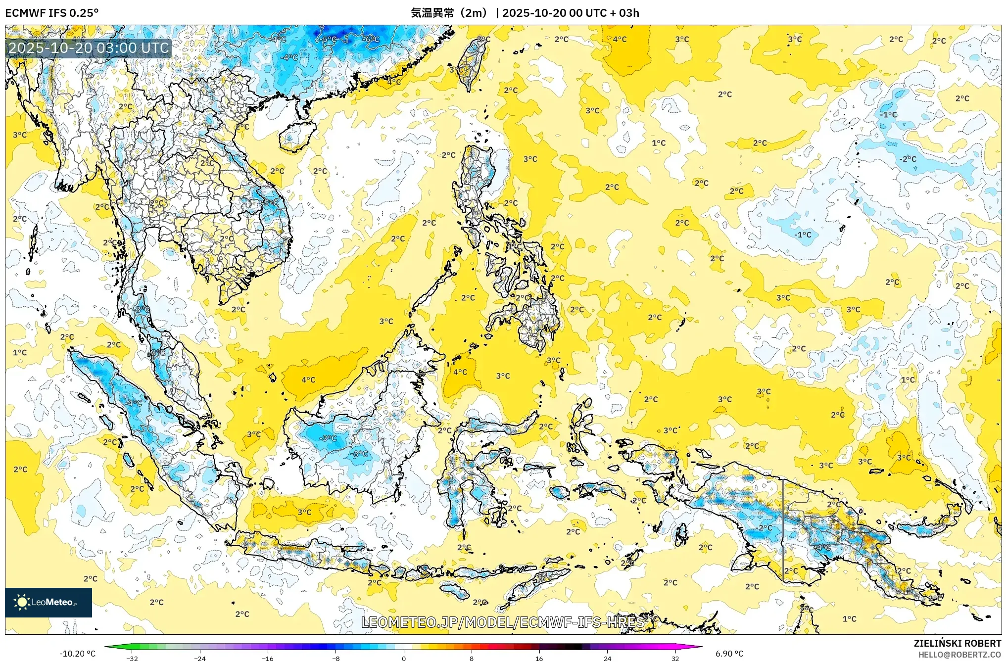 ECMWF IFS 0.25° model - 東南アジア, 気温異常(2m) ECMWF IFS 0.25° model - 東南アジア, 気温異常(2m)