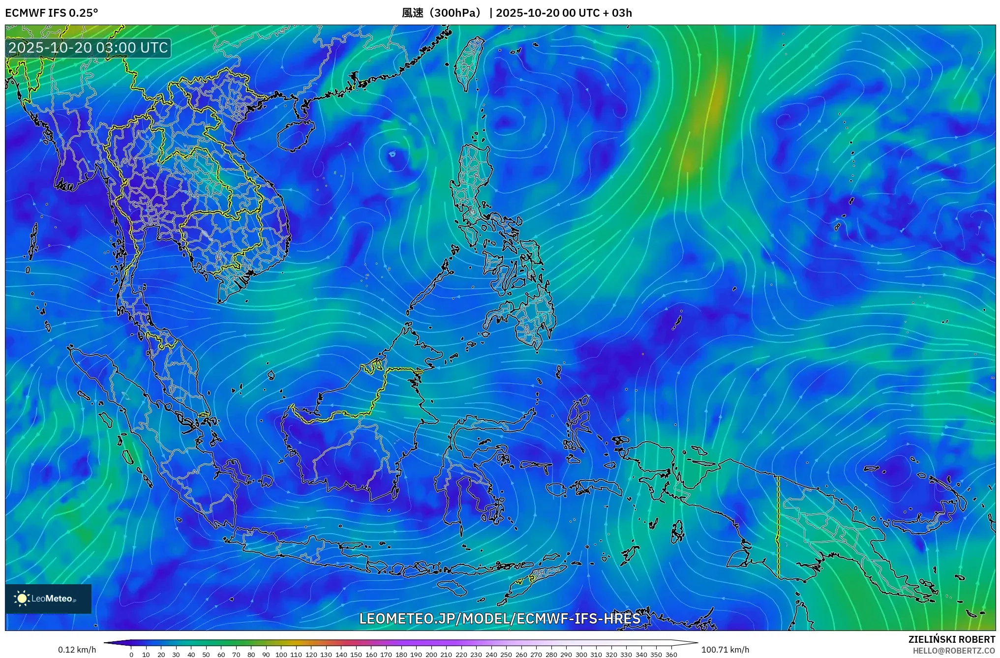 ECMWF IFS 0.25° model - 東南アジア, 風速(300hPa) ECMWF IFS 0.25° model - 東南アジア, 風速(300hPa)