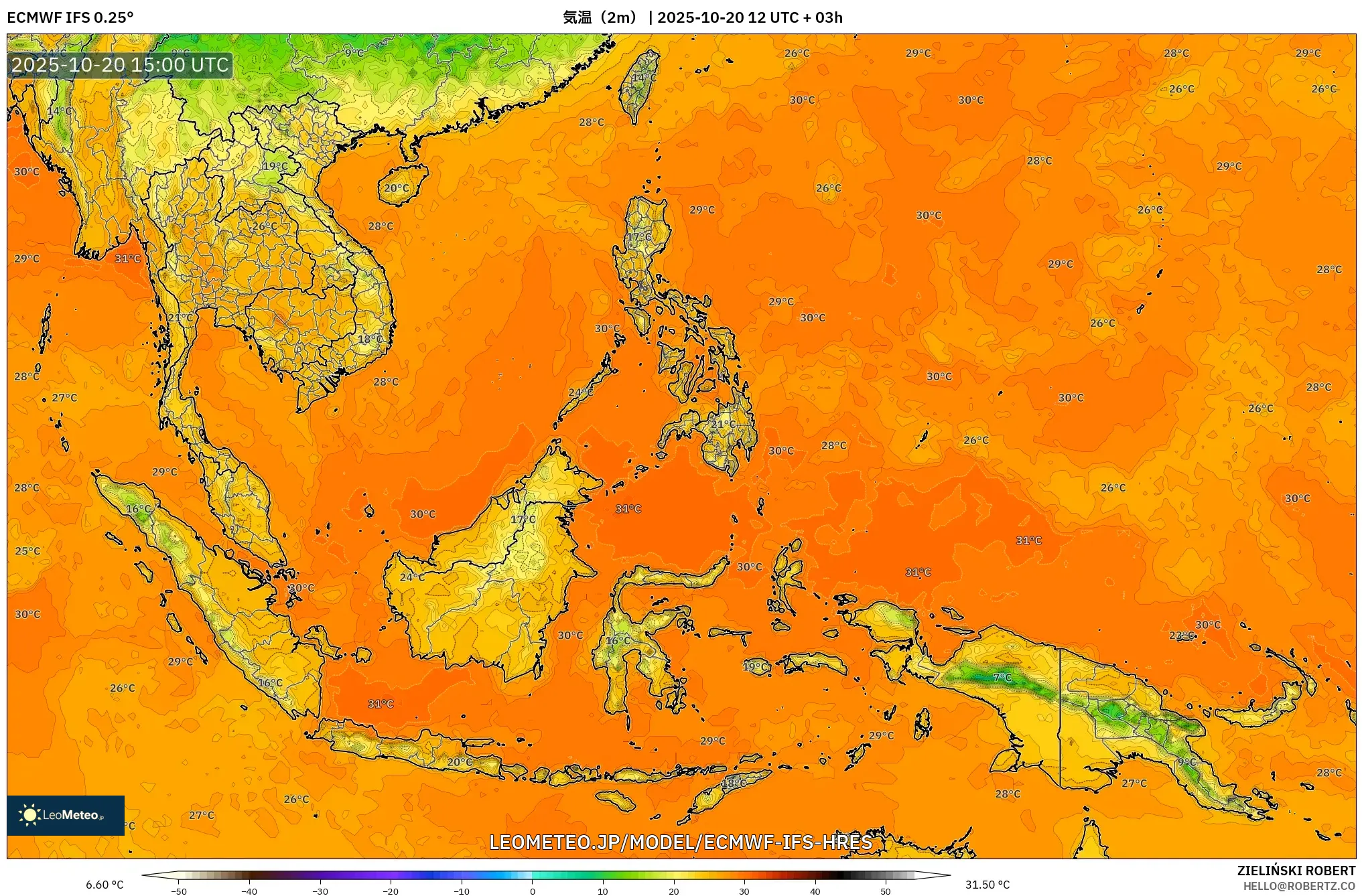 ECMWF IFS 0.25° model - 東南アジア, 気温(2m) ECMWF IFS 0.25° model - 東南アジア, 気温(2m)