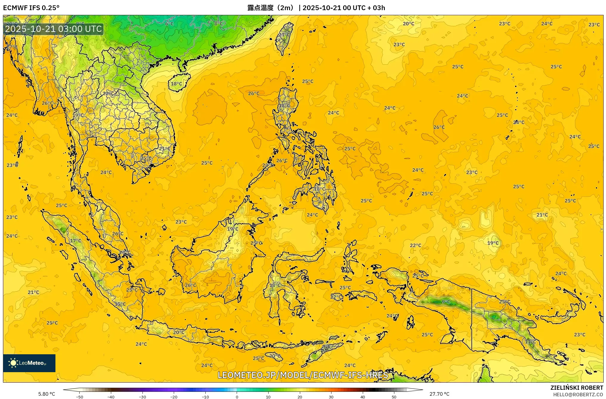 ECMWF IFS 0.25° model - 東南アジア, 露点温度(2m) ECMWF IFS 0.25° model - 東南アジア, 露点温度(2m)