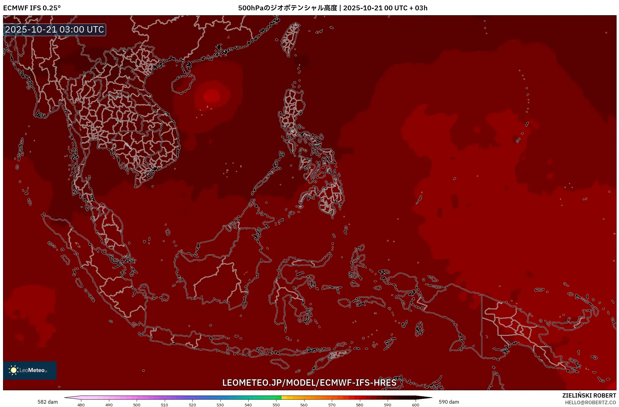 ECMWF IFS 0.25° model - 東南アジア, 500hPaのジオポテンシャル高度 ECMWF IFS 0.25° model - 東南アジア, 500hPaのジオポテンシャル高度