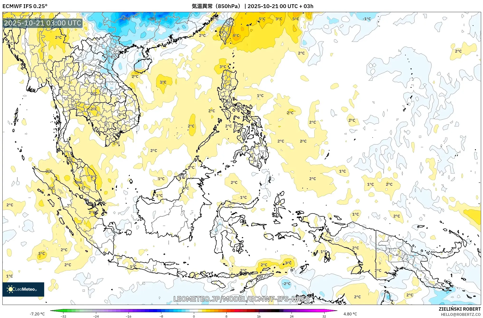 ECMWF IFS 0.25° model - 東南アジア, 気温異常(850hPa) ECMWF IFS 0.25° model - 東南アジア, 気温異常(850hPa)