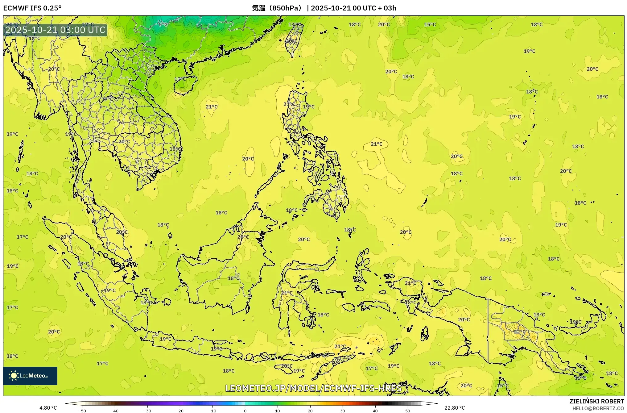 ECMWF IFS 0.25° model - 東南アジア, 気温(850hPa) ECMWF IFS 0.25° model - 東南アジア, 気温(850hPa)
