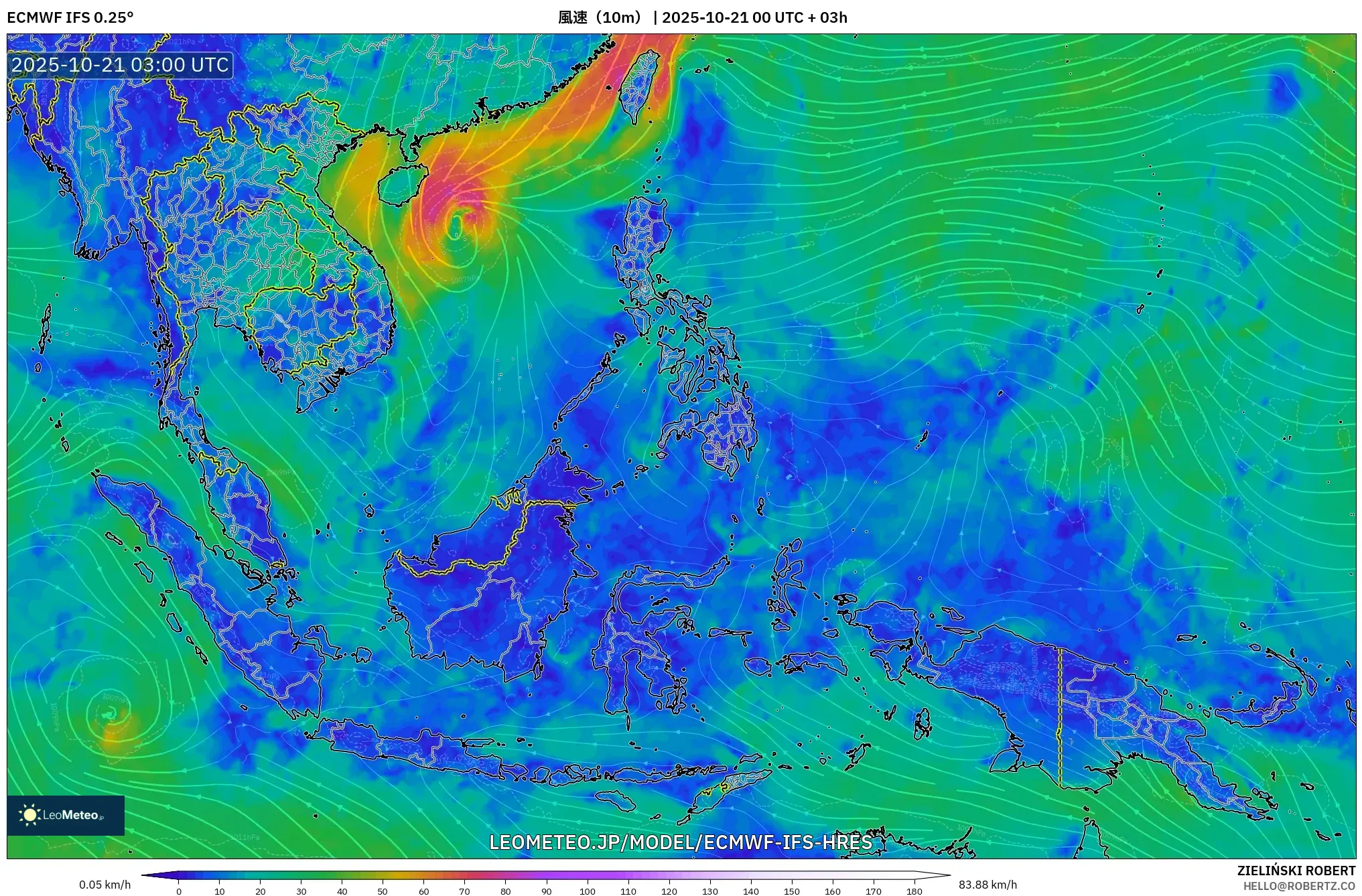 ECMWF IFS 0.25° model - 東南アジア, 風速(10m) ECMWF IFS 0.25° model - 東南アジア, 風速(10m)