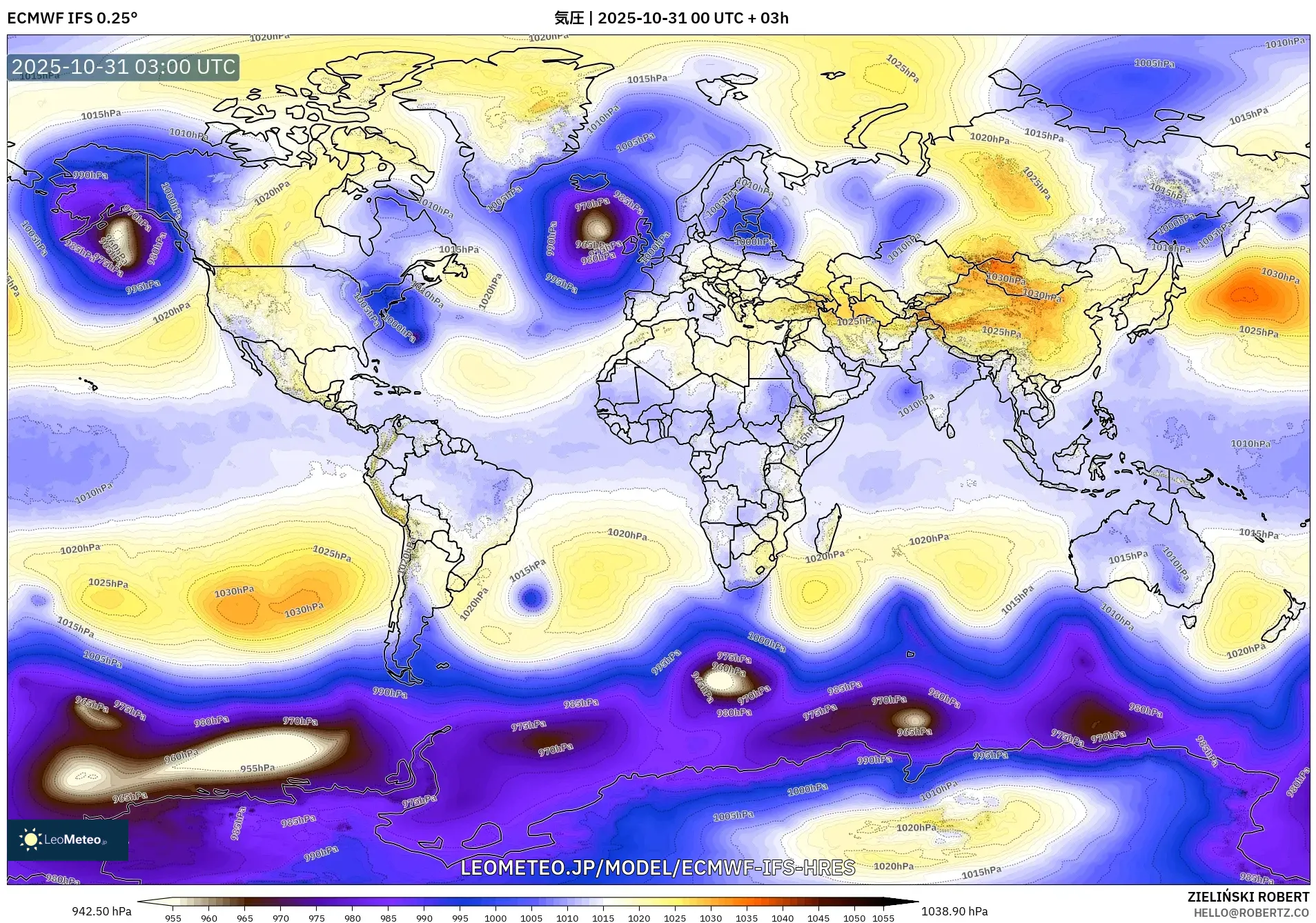 ECMWF IFS 0.25° model - 世界, 気圧 ECMWF IFS 0.25° model - 世界, 気圧