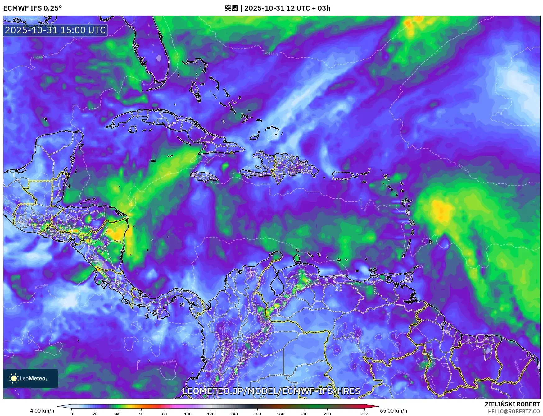 ECMWF IFS 0.25° model - カリブ海, 突風 ECMWF IFS 0.25° model - カリブ海, 突風