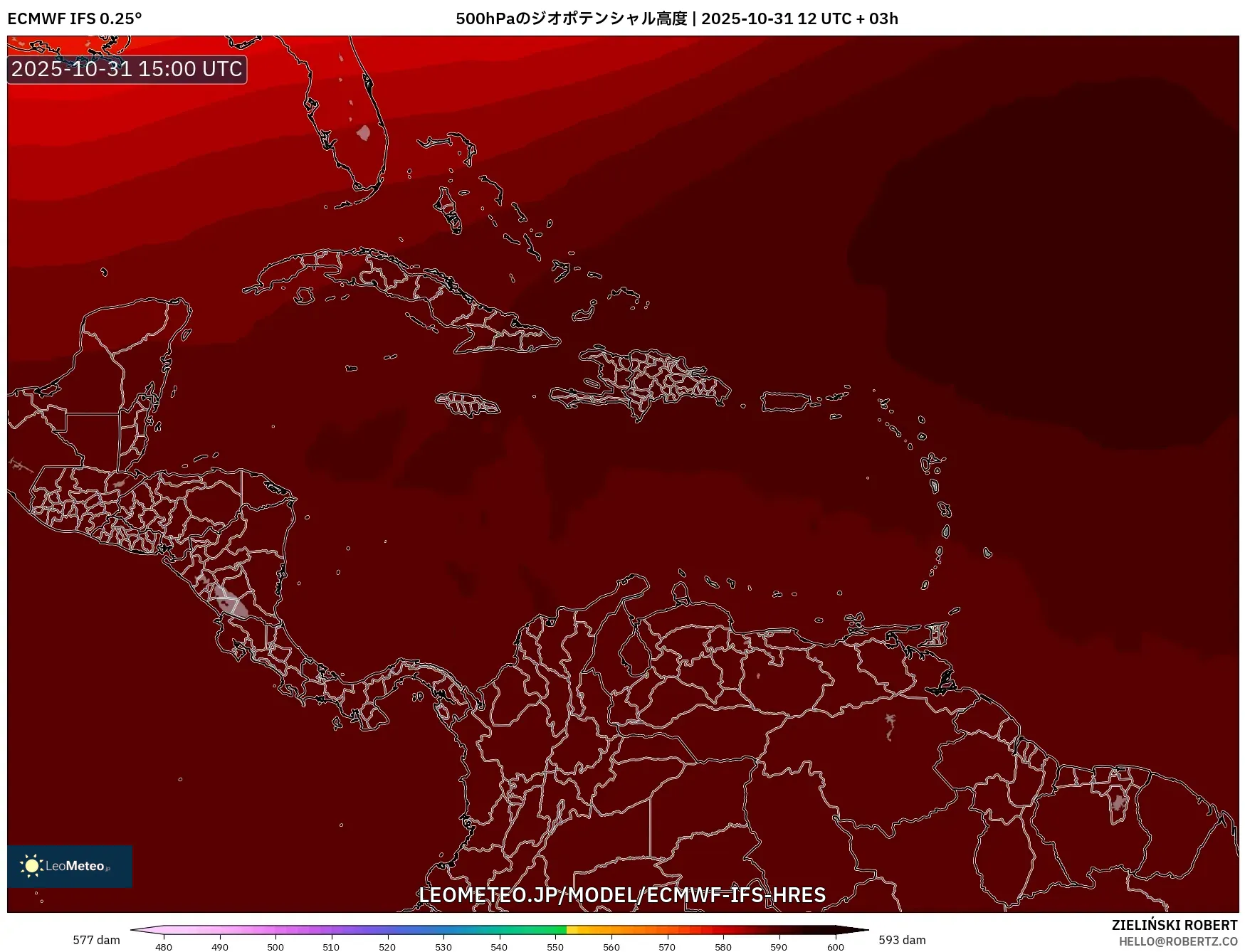 ECMWF IFS 0.25° model - カリブ海, 500hPaのジオポテンシャル高度 ECMWF IFS 0.25° model - カリブ海, 500hPaのジオポテンシャル高度