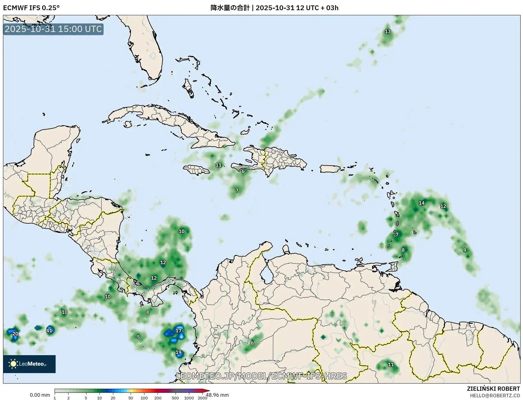 ECMWF IFS 0.25° model - カリブ海, 降水量の合計 ECMWF IFS 0.25° model - カリブ海, 降水量の合計