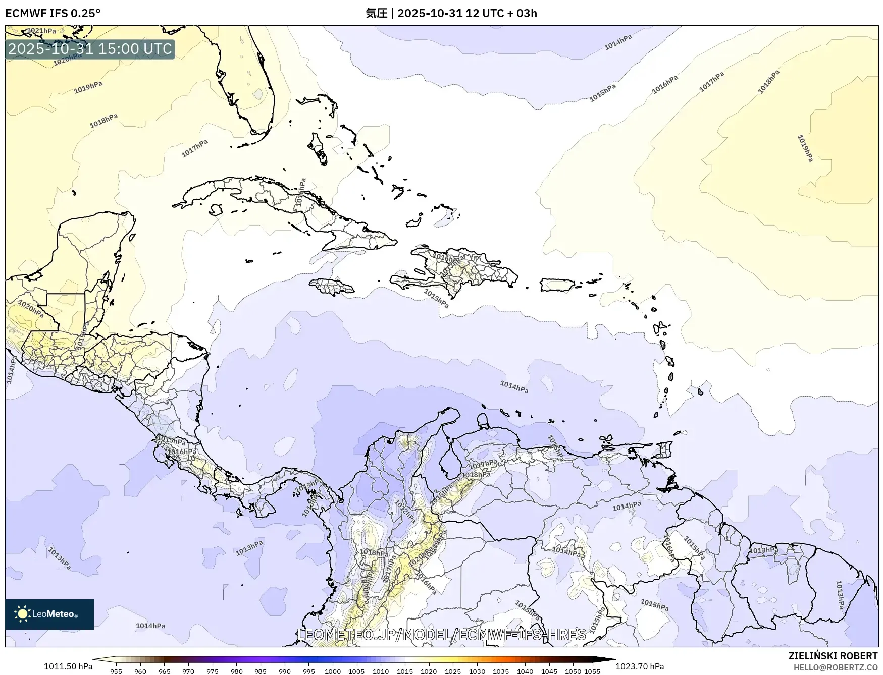 ECMWF IFS 0.25° model - カリブ海, 気圧