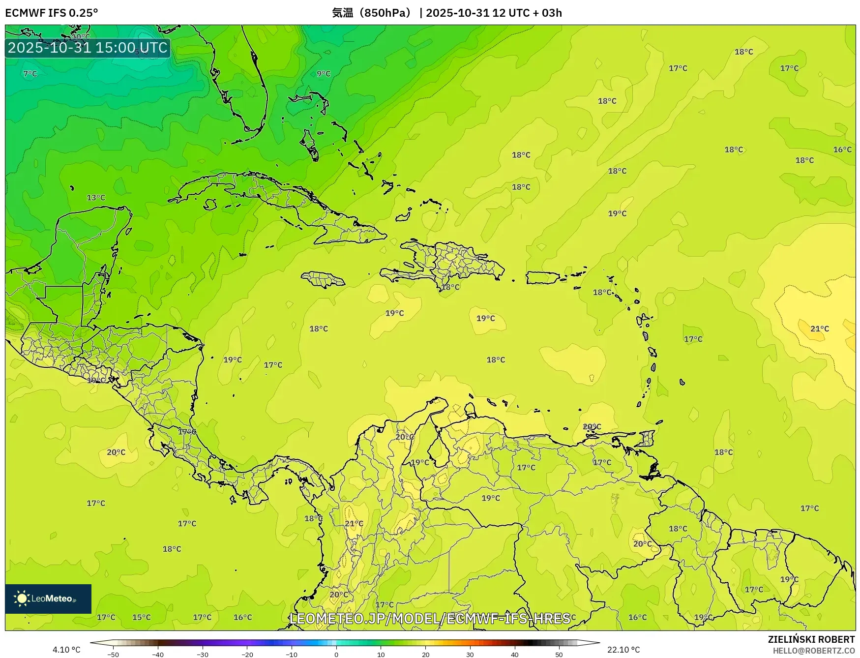 ECMWF IFS 0.25° model - カリブ海, 気温(850hPa) ECMWF IFS 0.25° model - カリブ海, 気温(850hPa)