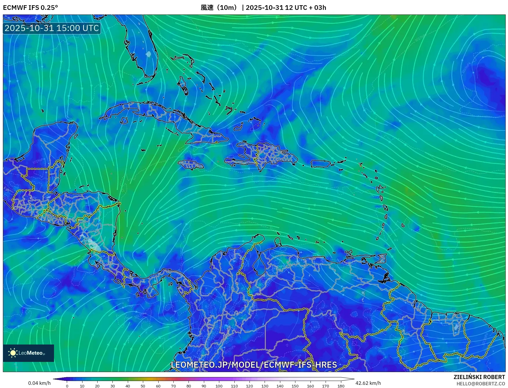 ECMWF IFS 0.25° model - カリブ海, 風速（10m）