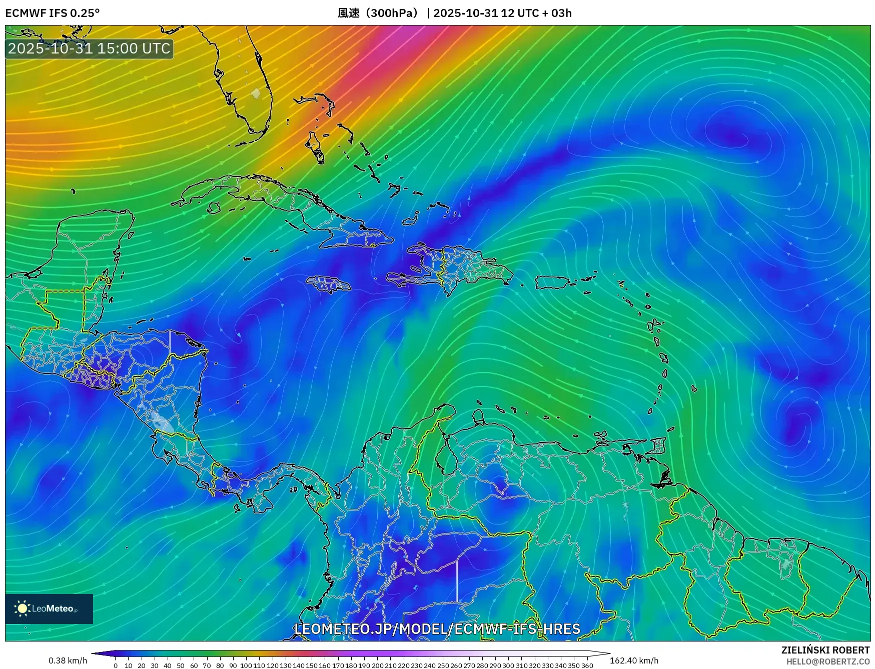 ECMWF IFS 0.25° model - カリブ海, 風速(300hPa) ECMWF IFS 0.25° model - カリブ海, 風速(300hPa)