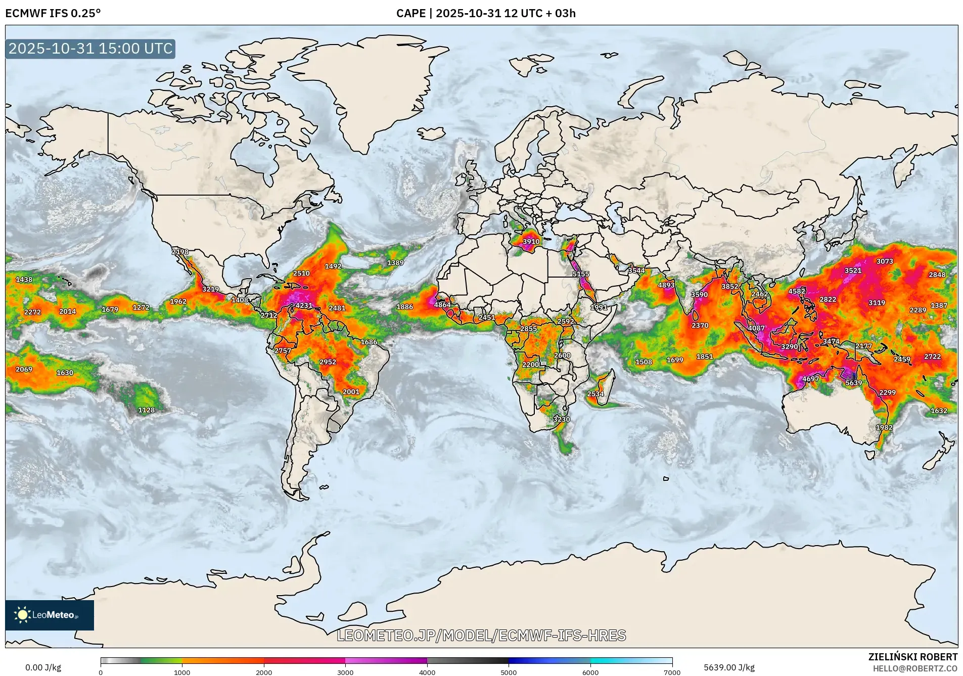 ECMWF IFS 0.25° model - 世界, CAPE ECMWF IFS 0.25° model - 世界, CAPE