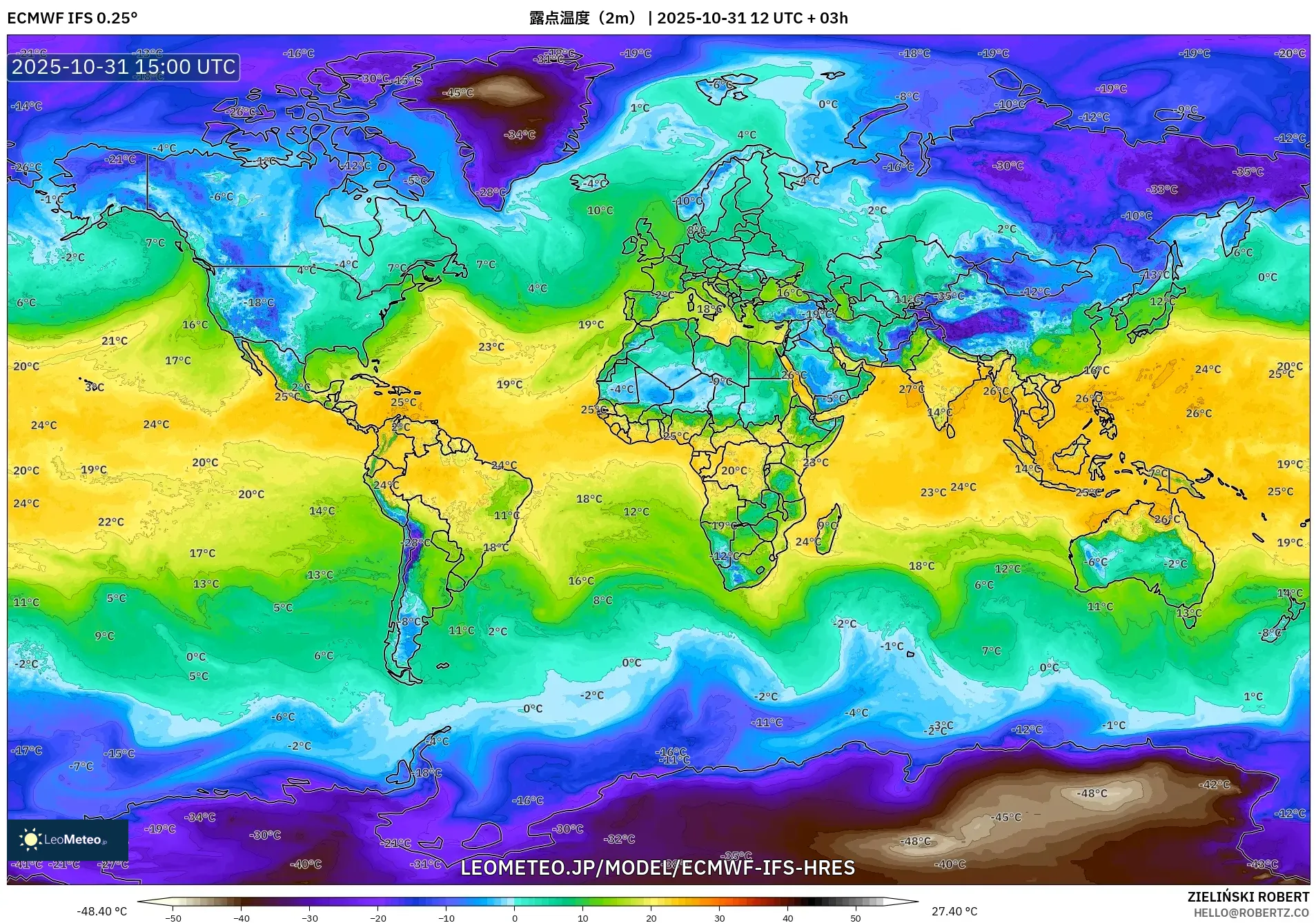 ECMWF IFS 0.25° model - 世界, 露点温度(2m) ECMWF IFS 0.25° model - 世界, 露点温度(2m)