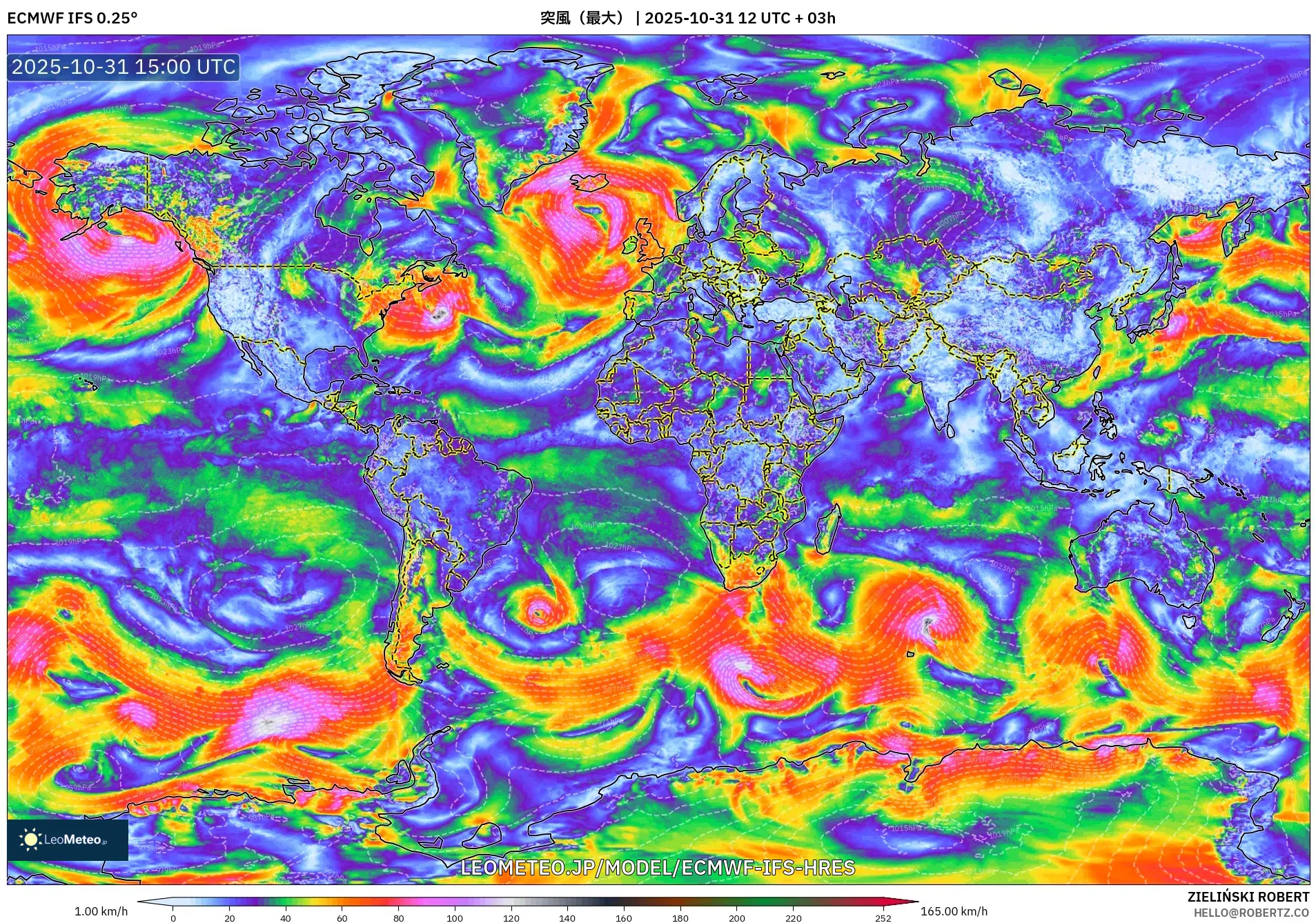 ECMWF IFS 0.25° model - 世界, 突風(最大) ECMWF IFS 0.25° model - 世界, 突風(最大)