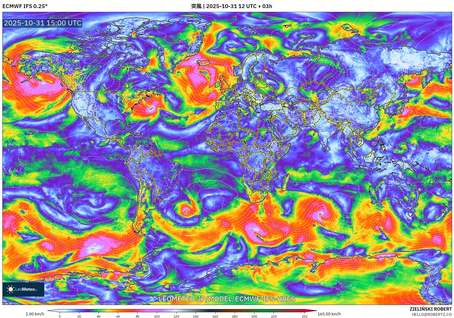 ECMWF IFS 0.25° model - 世界, 突風 ECMWF IFS 0.25° model - 世界, 突風