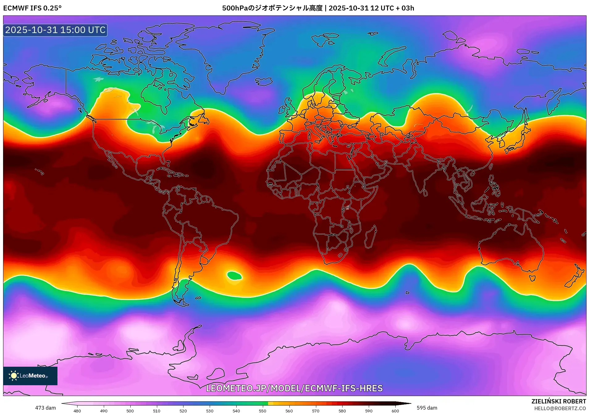 ECMWF IFS 0.25° model - 世界, 500hPaのジオポテンシャル高度 ECMWF IFS 0.25° model - 世界, 500hPaのジオポテンシャル高度