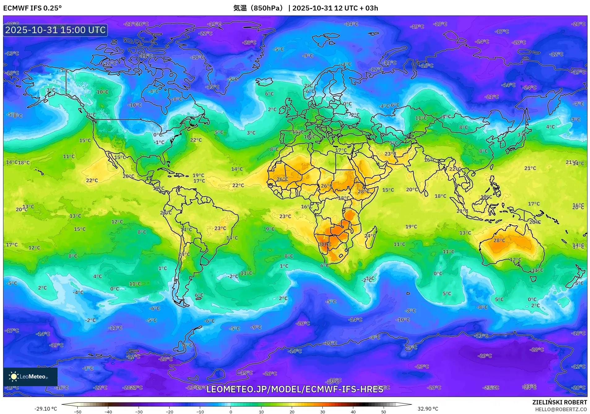ECMWF IFS 0.25° model - 世界, 気温(850hPa) ECMWF IFS 0.25° model - 世界, 気温(850hPa)