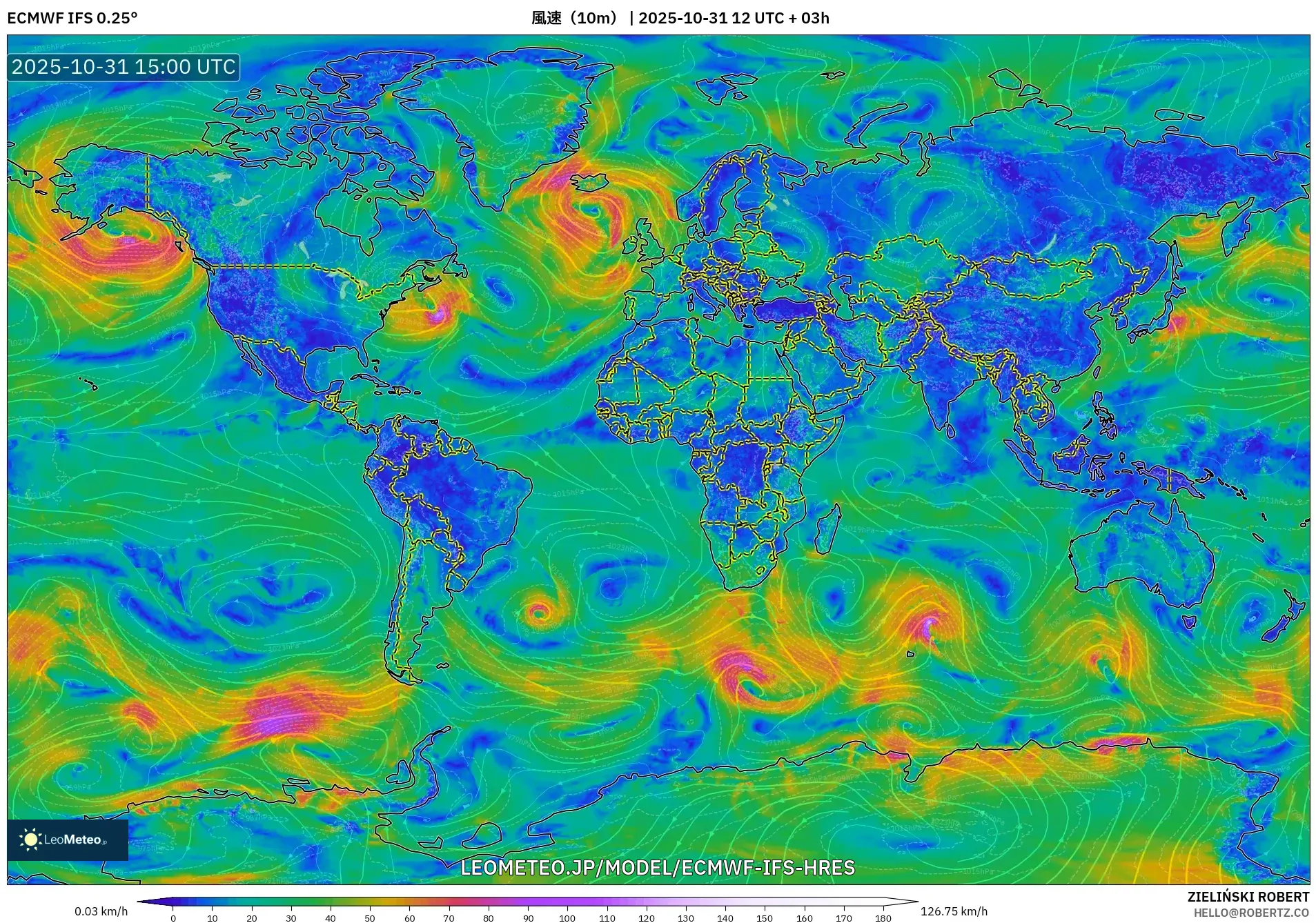 ECMWF IFS 0.25° model - 世界, 風速(10m) ECMWF IFS 0.25° model - 世界, 風速(10m)