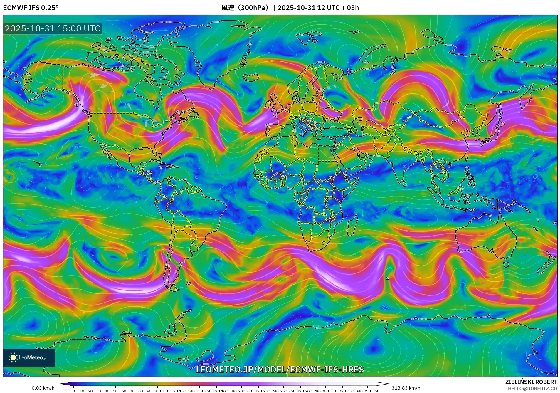 ECMWF IFS 0.25° model - 世界, 風速（300hPa）
