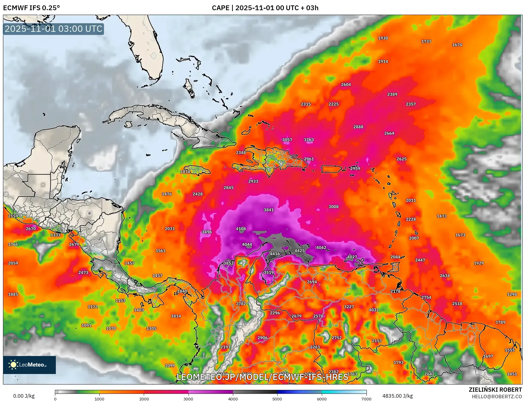ECMWF IFS 0.25° model - カリブ海, CAPE ECMWF IFS 0.25° model - カリブ海, CAPE