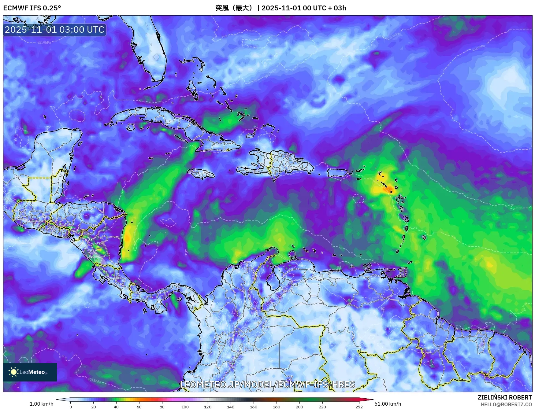 ECMWF IFS 0.25° model - カリブ海, 突風(最大) ECMWF IFS 0.25° model - カリブ海, 突風(最大)
