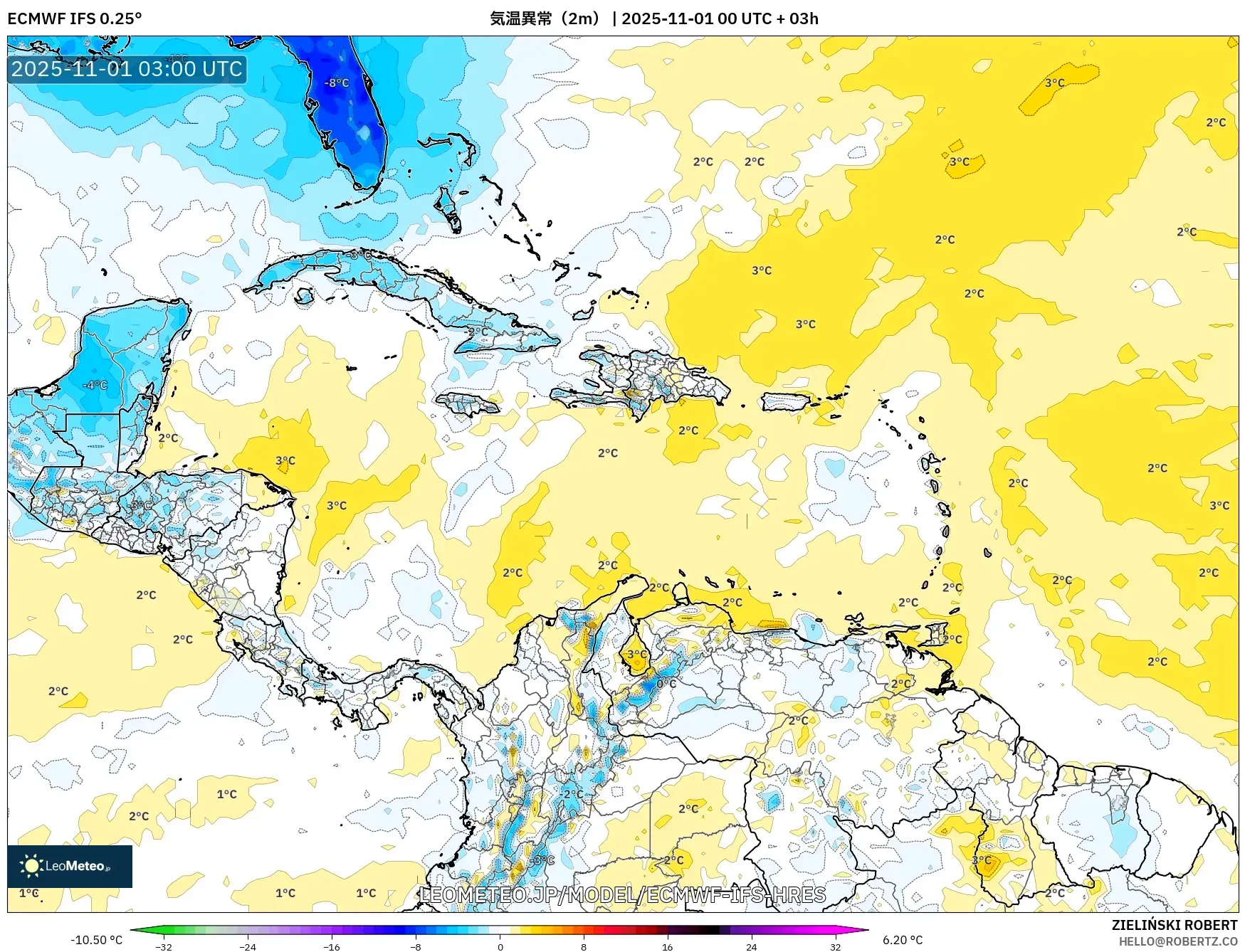 ECMWF IFS 0.25° model - カリブ海, 気温異常（2m）