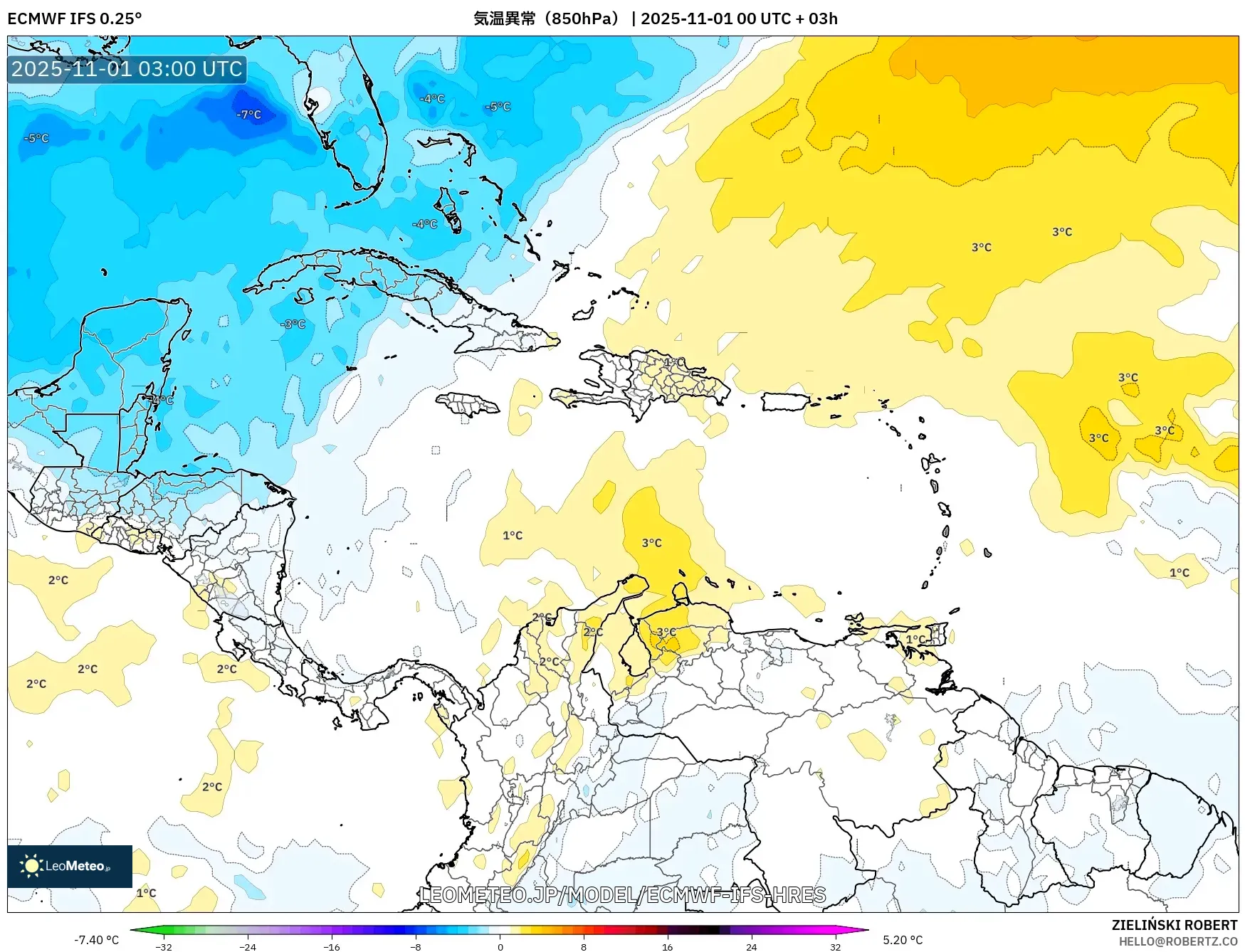 ECMWF IFS 0.25° model - カリブ海, 気温異常(850hPa) ECMWF IFS 0.25° model - カリブ海, 気温異常(850hPa)