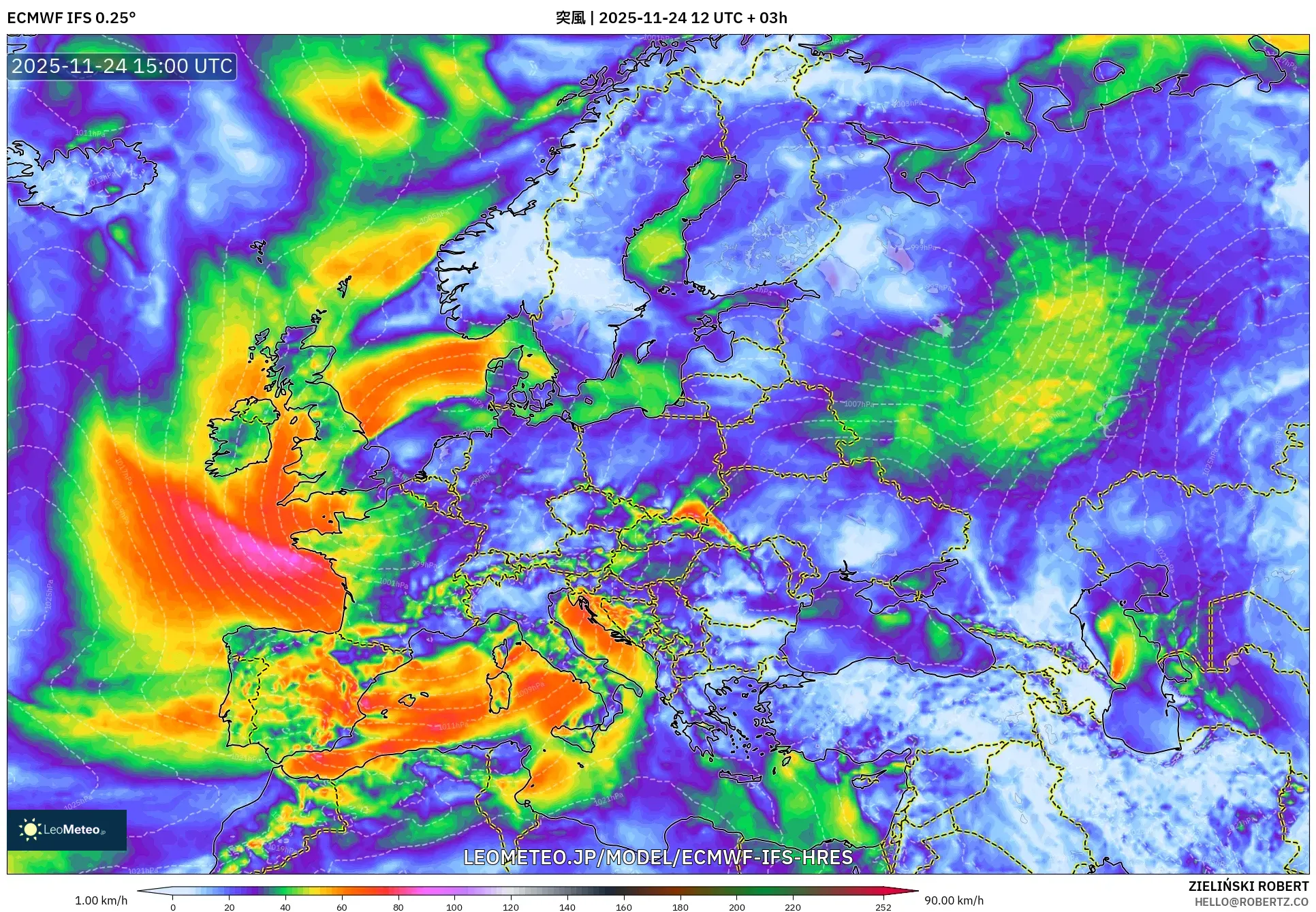 ECMWF IFS 0.25° model - ヨーロッパ, 突風