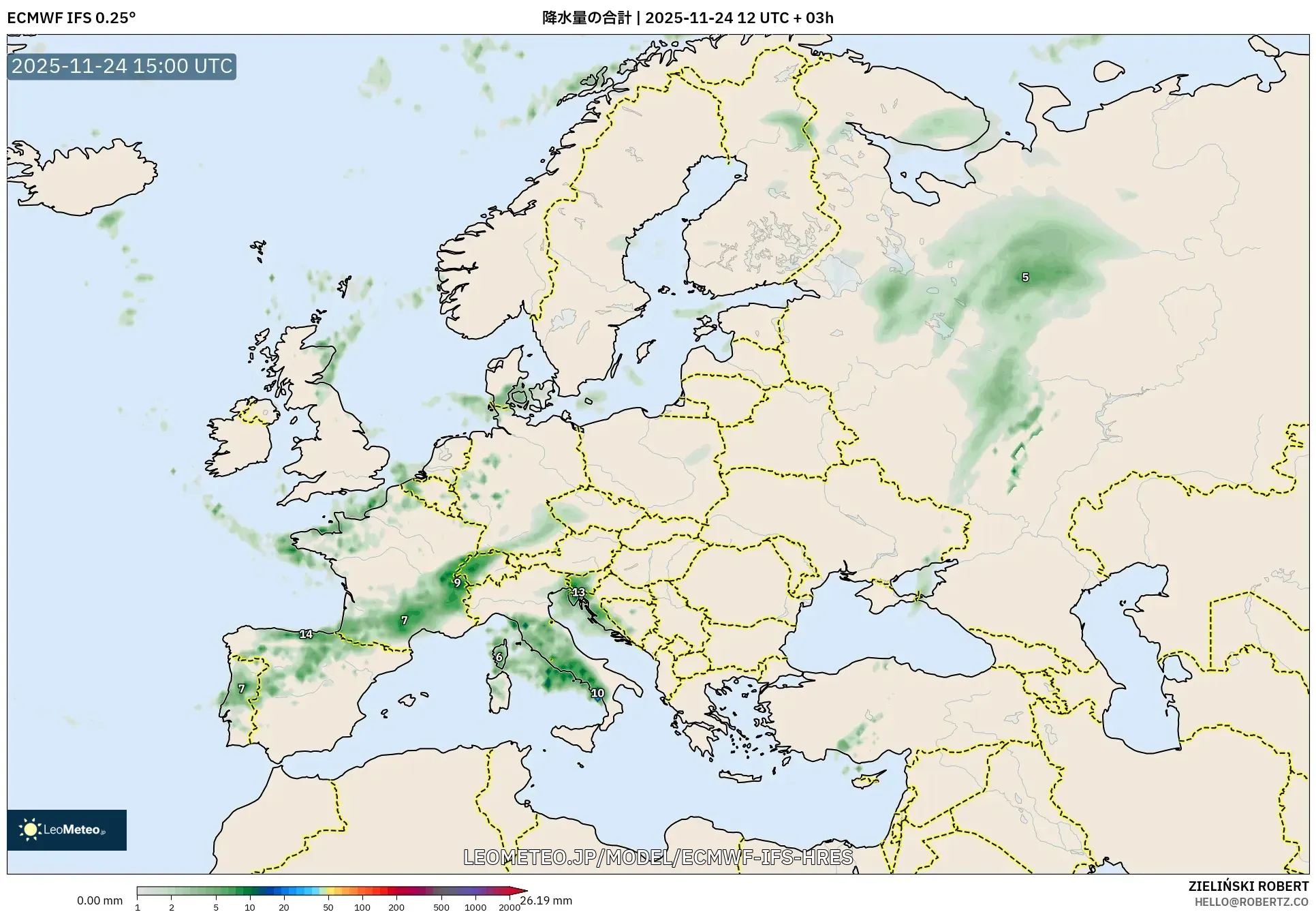 ECMWF IFS 0.25° model - ヨーロッパ, 降水量の合計