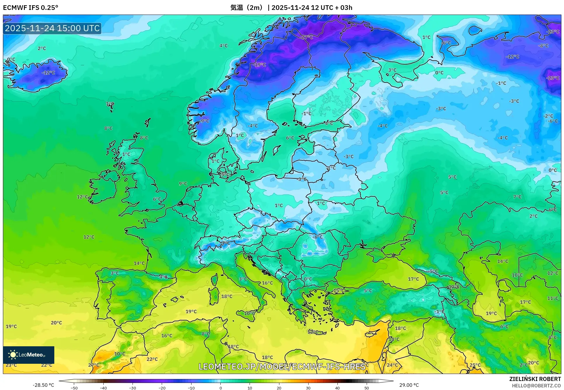 ECMWF IFS 0.25° model - ヨーロッパ, 気温（2m）
