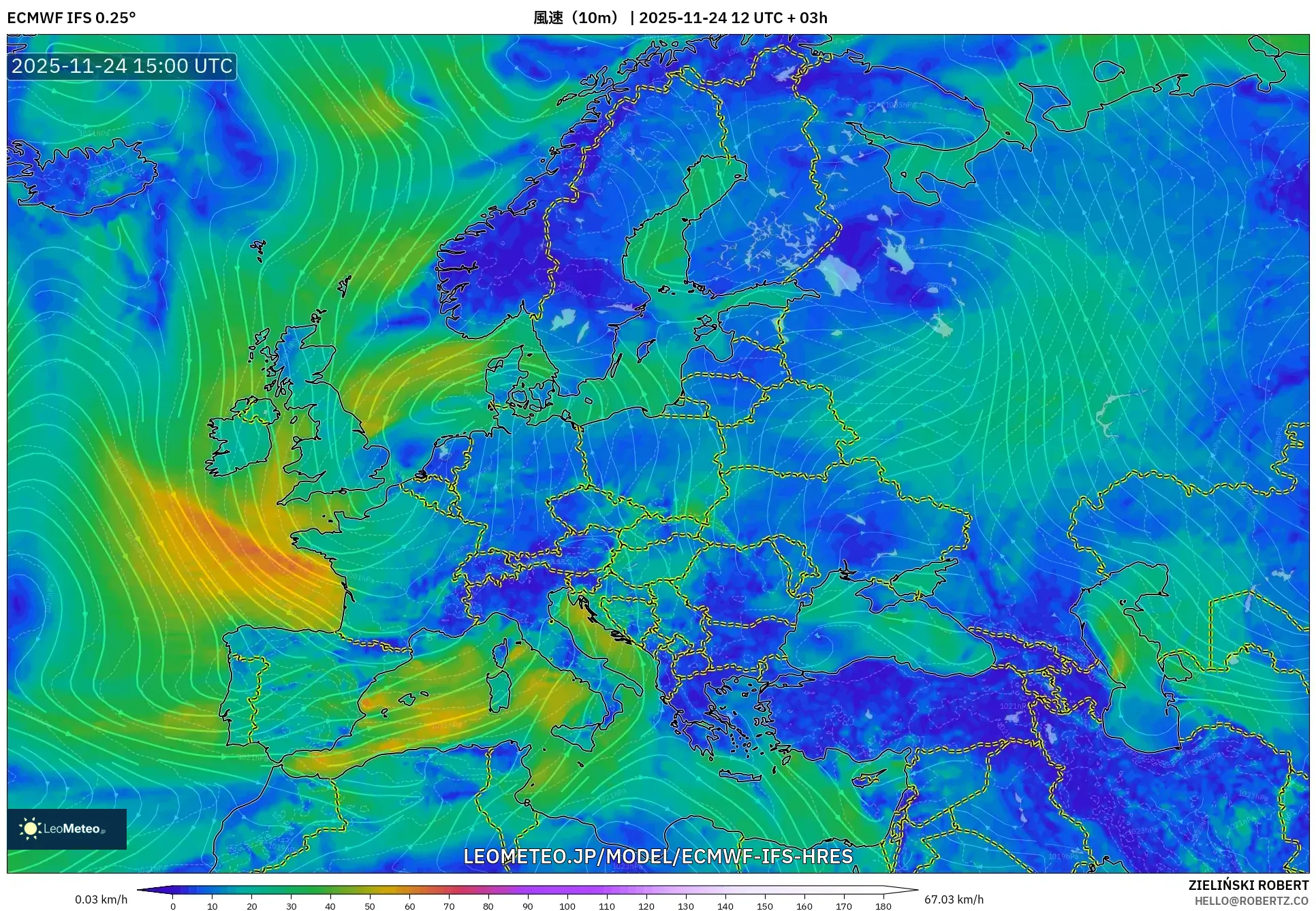 ECMWF IFS 0.25° model - ヨーロッパ, 風速（10m）