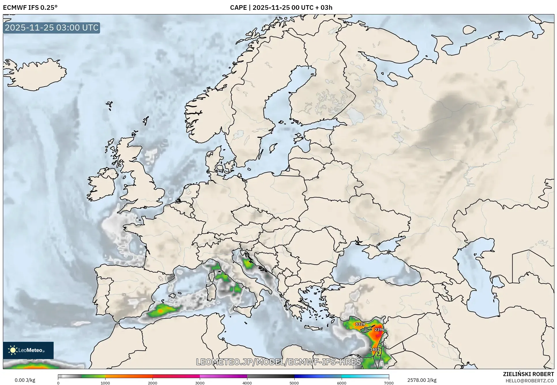 ECMWF IFS 0.25° model - ヨーロッパ, CAPE