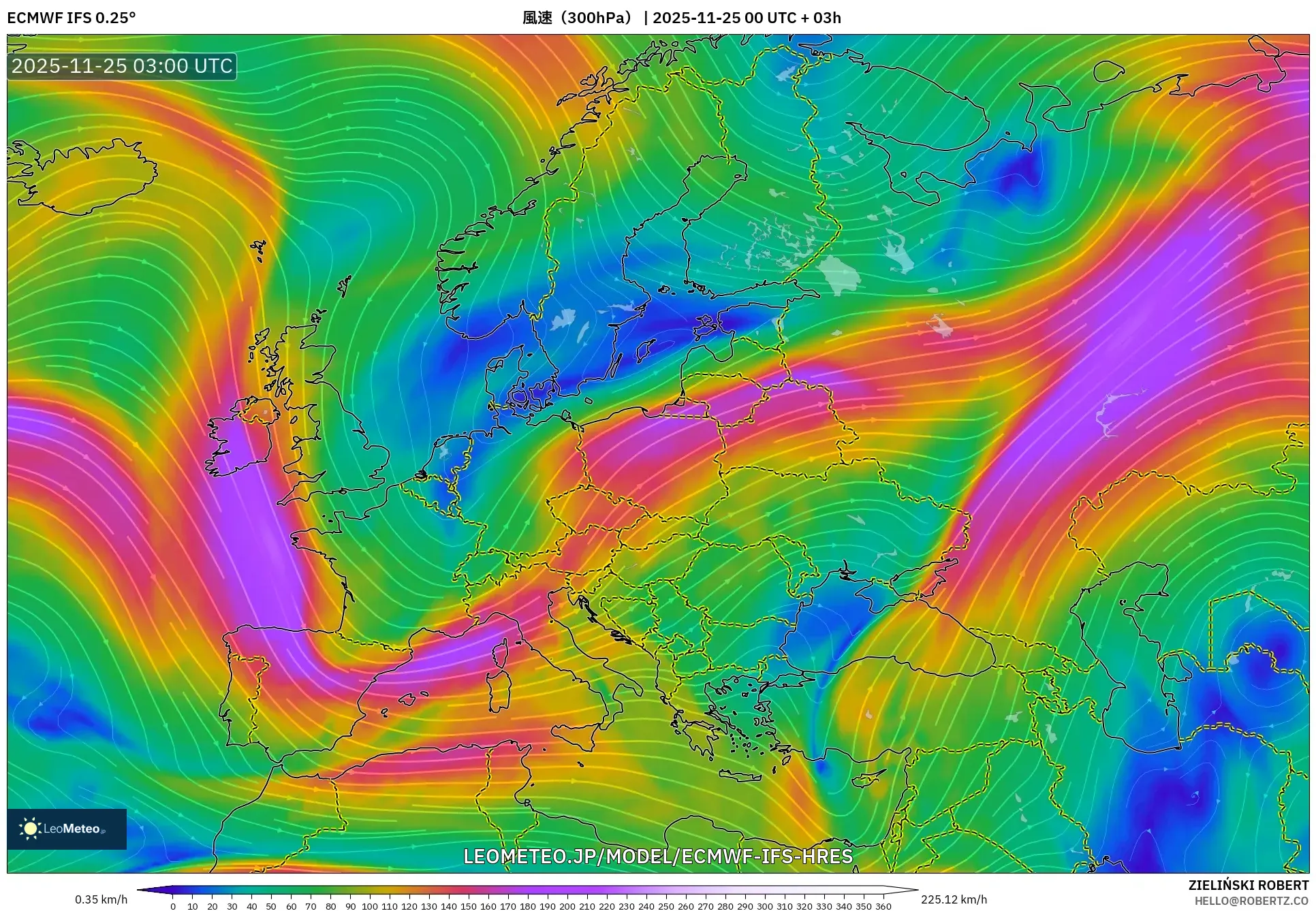 ECMWF IFS 0.25° model - ヨーロッパ, 風速（300hPa）
