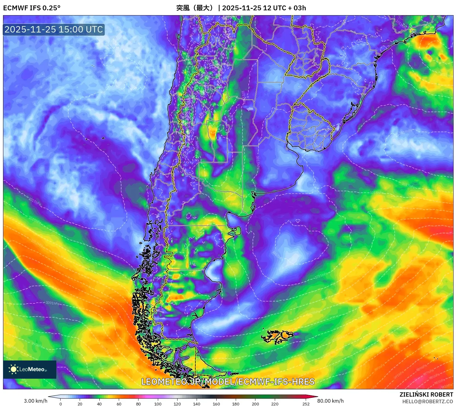 ECMWF IFS 0.25° model - アルゼンチン, 突風（最大）