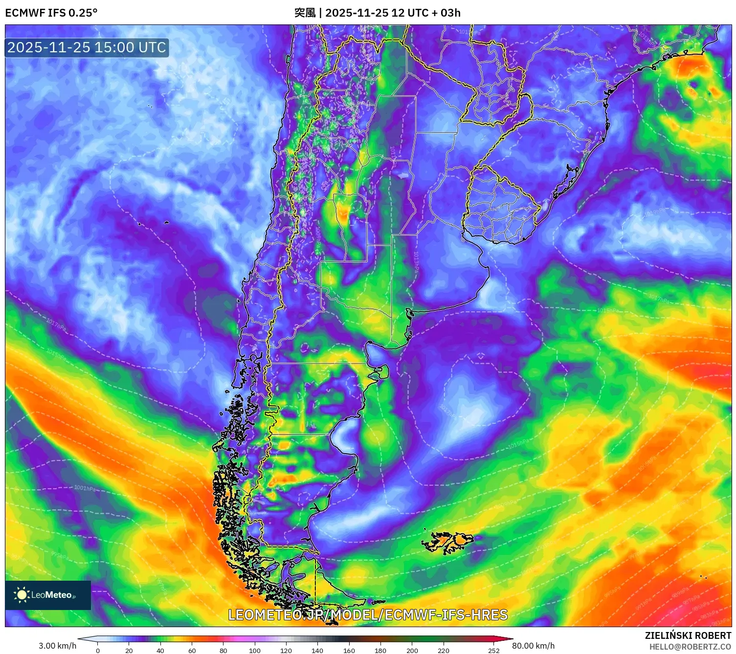 ECMWF IFS 0.25° model - アルゼンチン, 突風