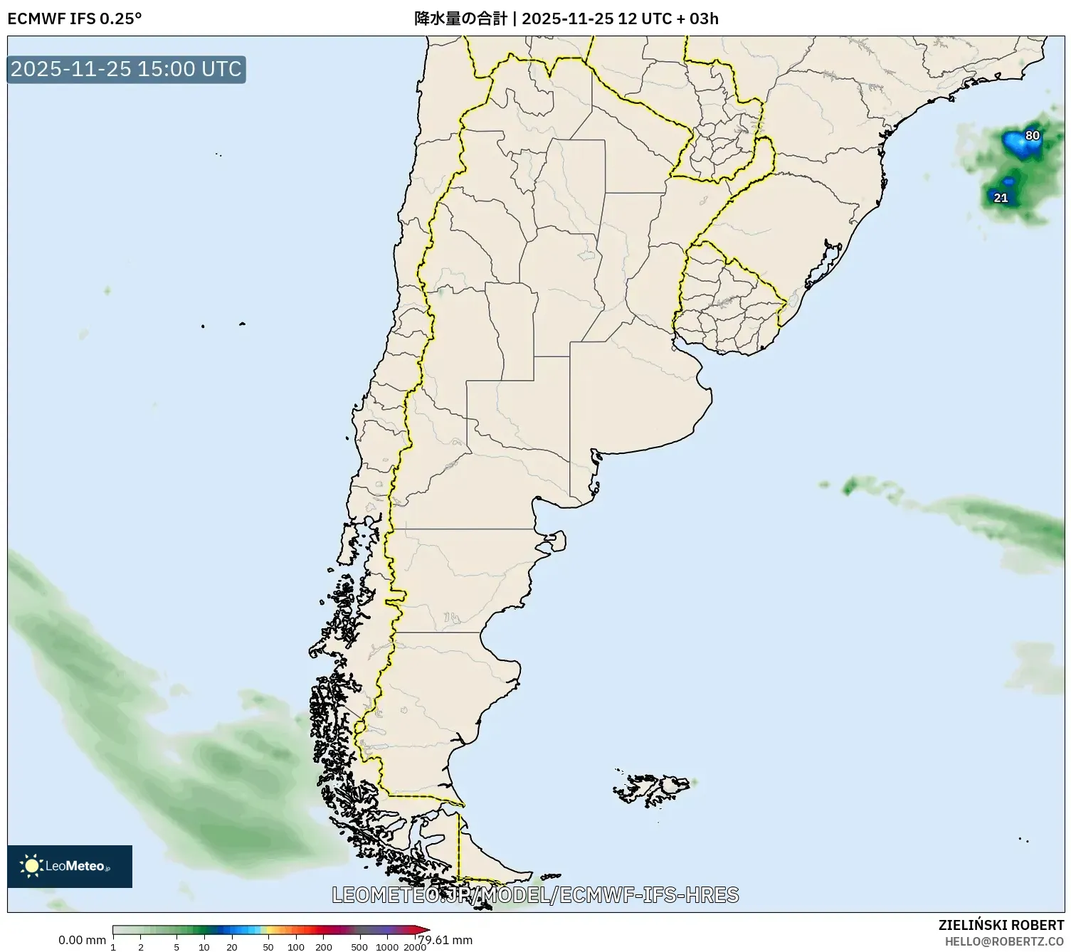 ECMWF IFS 0.25° model - アルゼンチン, 降水量の合計