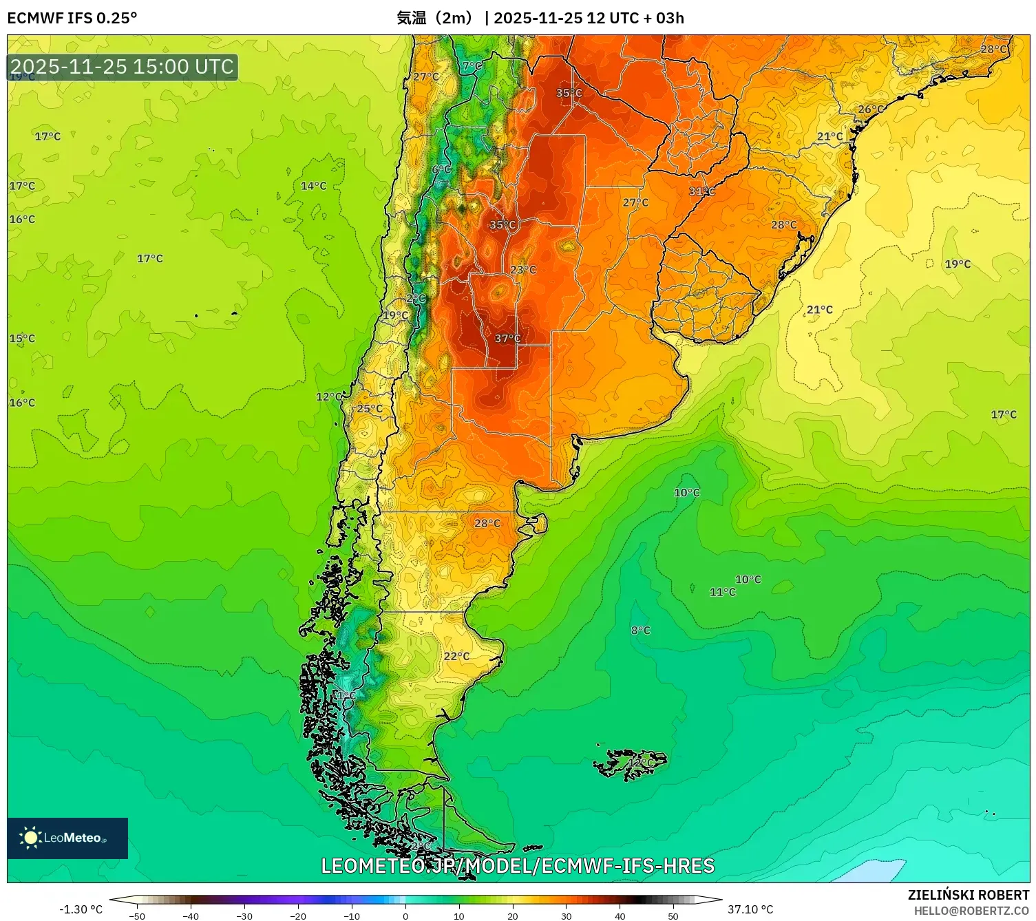 ECMWF IFS 0.25° model - アルゼンチン, 気温（2m）