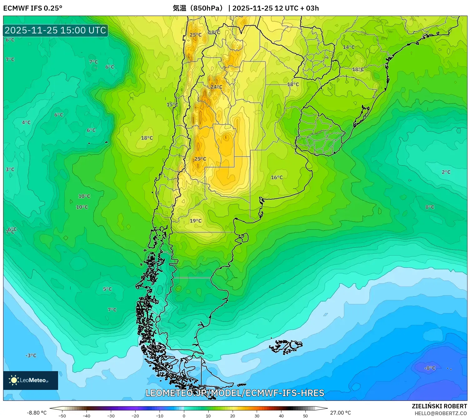 ECMWF IFS 0.25° model - アルゼンチン, 気温（850hPa）