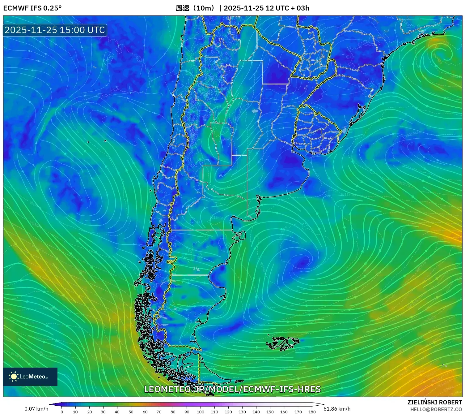 ECMWF IFS 0.25° model - アルゼンチン, 風速（10m）